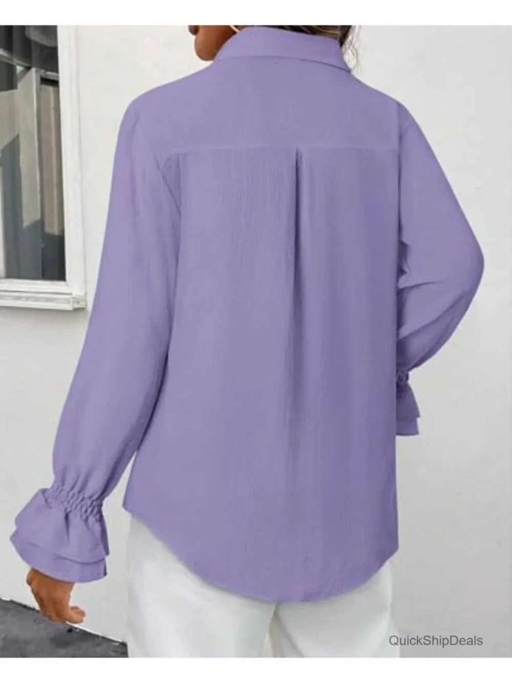 Oversize Striped Button Down Shirt Smocked Long Sleeve Blouse Ruffle Casual Top